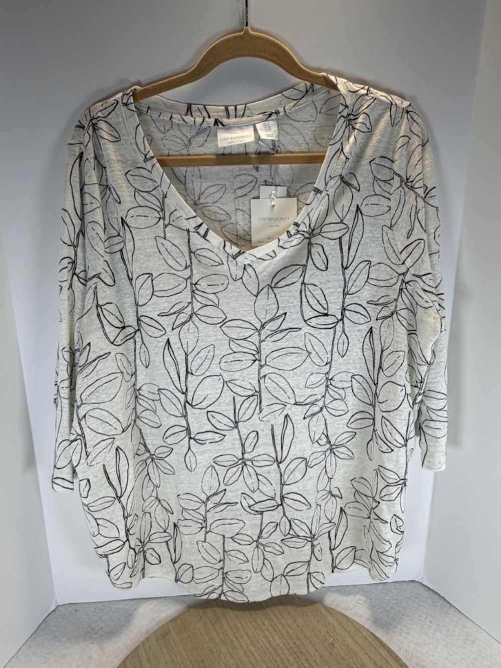 Cynthia Rowley Womens XL 100% Linen Floral Leaf Print V Neck Top NWT
